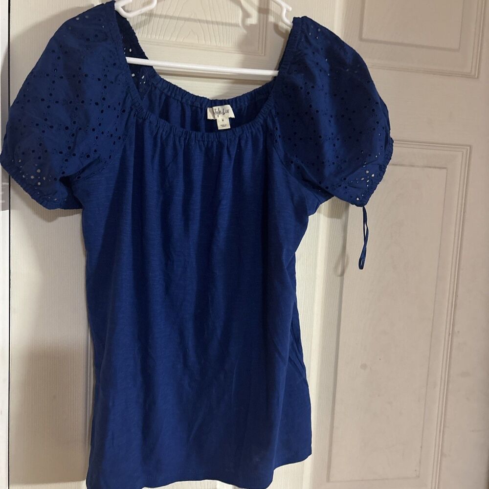 Style & Co Women's Blue Short Sleeve Off-The-Shoulder Blouse Top Size S